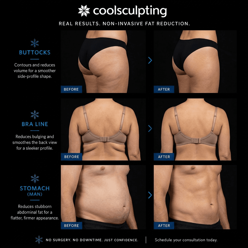 CoolSculpting Elite before and after: buttocks, bra line and stomach